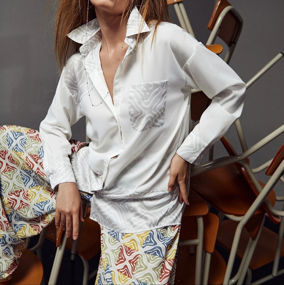 SHEIN X LATIKA Graphic Print Drop Shoulder Pocket Front Blouse